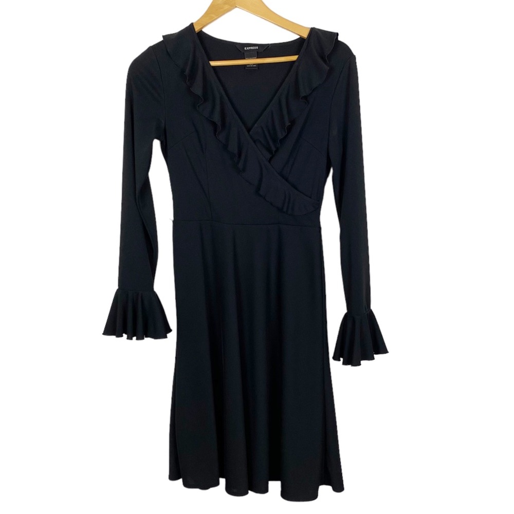 Express Black Long Sleeve Ruffle V Neck Dress Size 1/2
